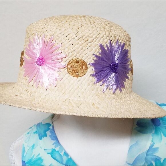 DEADSTOCK Vintage 90s Liz Claiborne Floral Straw Daisy Hat Bucket Hat OSFA main image 8